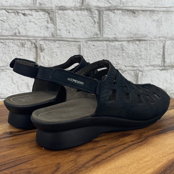 Mephisto Air Relax Womens 7/38 Black Leather Trapezoid Wedge Comfort Sandals - Picture 5 of 13